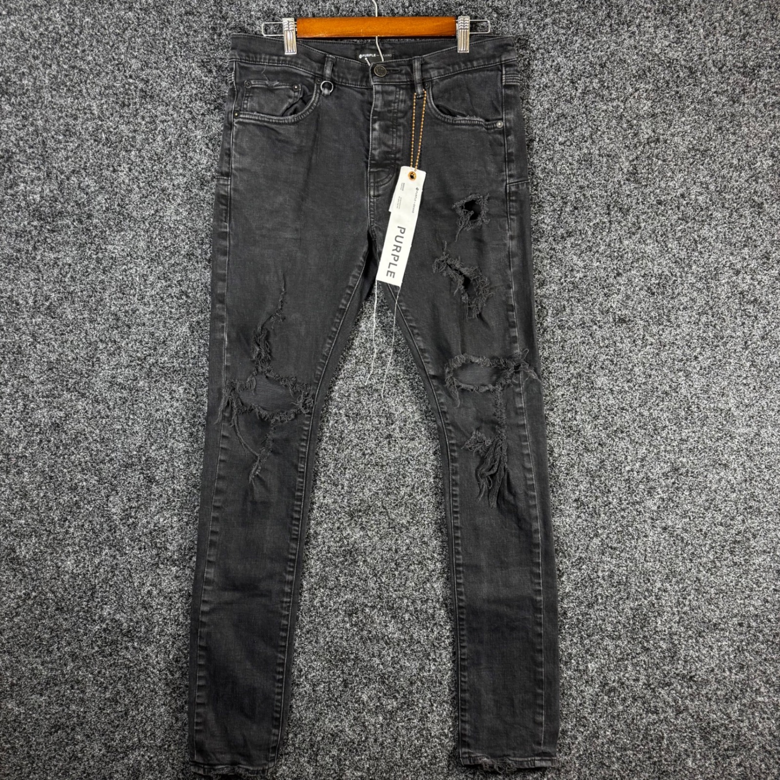 Nwt Purple Brand Slim Fit Low Rise Distressed Black Jeans Mens 32 Ripped Denim